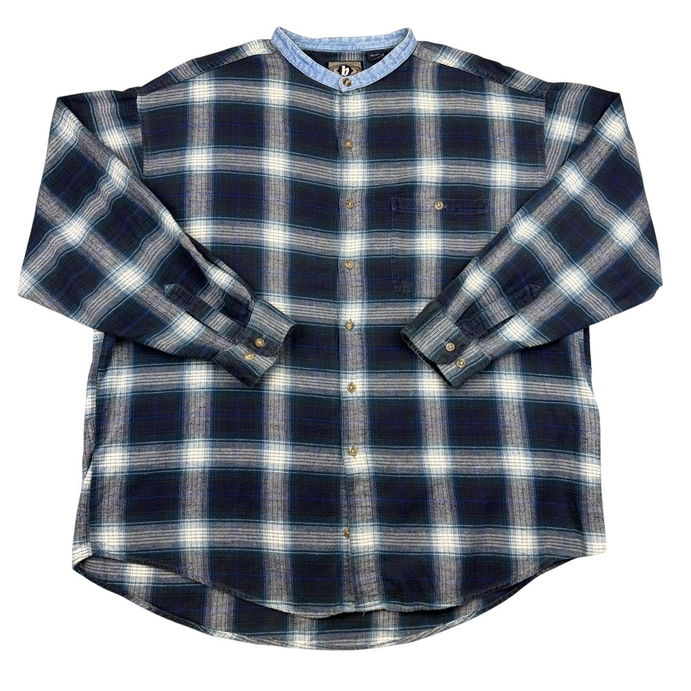 Bon Homme Shirt Mens XL Blue‎ Plaid Flannel Band Collar Long Sleeve Button Up